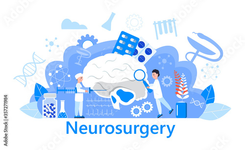 Neurosurgery concept vector. Multiple sclerosis awareness month event. Anatomical science of brain and senses diseases for website. Tiny doctor treat sclerotic.