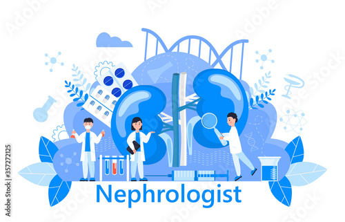Hemodialysis concept vector. Method of extrarenal blood purification in acute and chronic renal failure. Tiny doctors treat  test kidneys. Blue template for website  landing page.