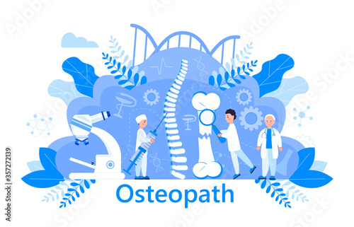 Osteopath vector concept. Osteoporosis world day,. Tiny doctors research osteoarthritis anatomical bones of human. Joint pain, fragility of lower leg are shown. It is for landing page, app