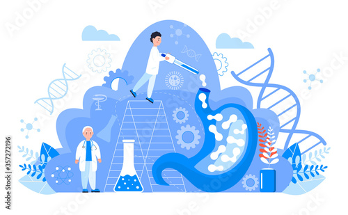 Gastroenterology concept vector. Stomach doctors examine, treat dysbiosis. Tiny gastroenterologist looks through magnifying glass at harmful bacteria. Gastritis, stomach ulcer illustration
