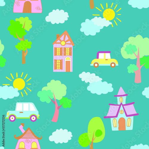 Seamless vector pattern of children's drawing. House, clouds, trees. Line vector drawing. Drawn by a child. Suitable for children's room decoration, fabric, decor. Doodle style. © ivaletta