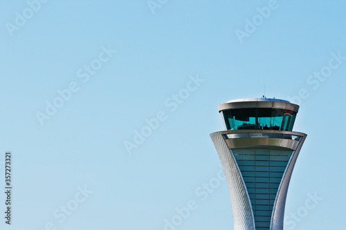 Obraz na plátně Air traffic control tower and blue sky