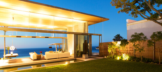 Illuminated modern patio at twilight