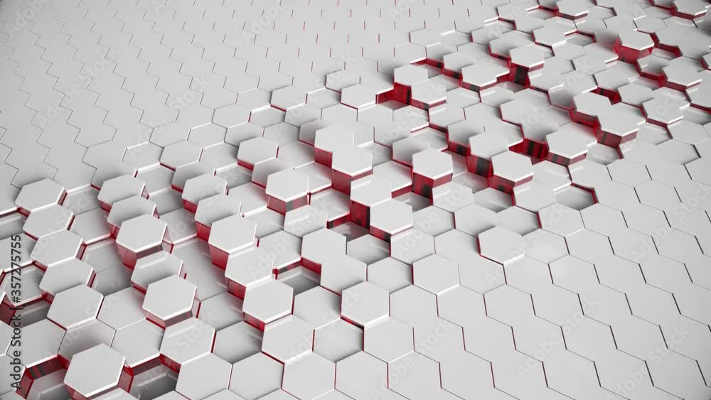 Red and white Hexagonal movement animation offset with 3d rendering camera move down zoom in smooth.
