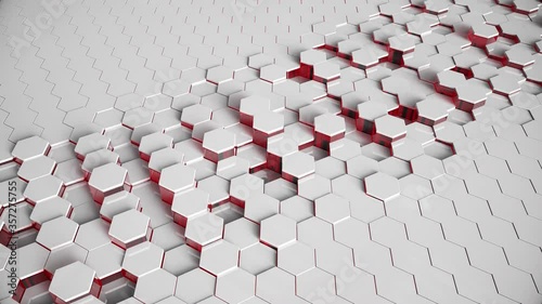 Red and white Hexagonal movement animation offset with 3d rendering camera move down zoom in smooth.