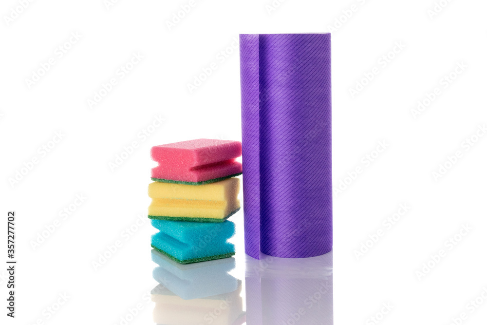 Colorful sponge isolated on kitchen white background. Clean supplies equipment. Household cleaner service.