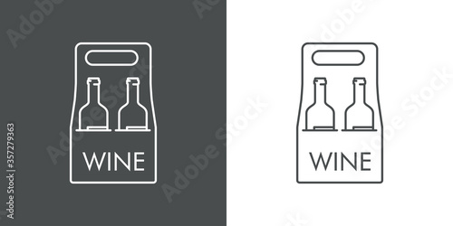 Icono plano lineal palabra WINE con caja de cartón con botellas de vino en fondo gris y fondo blanco