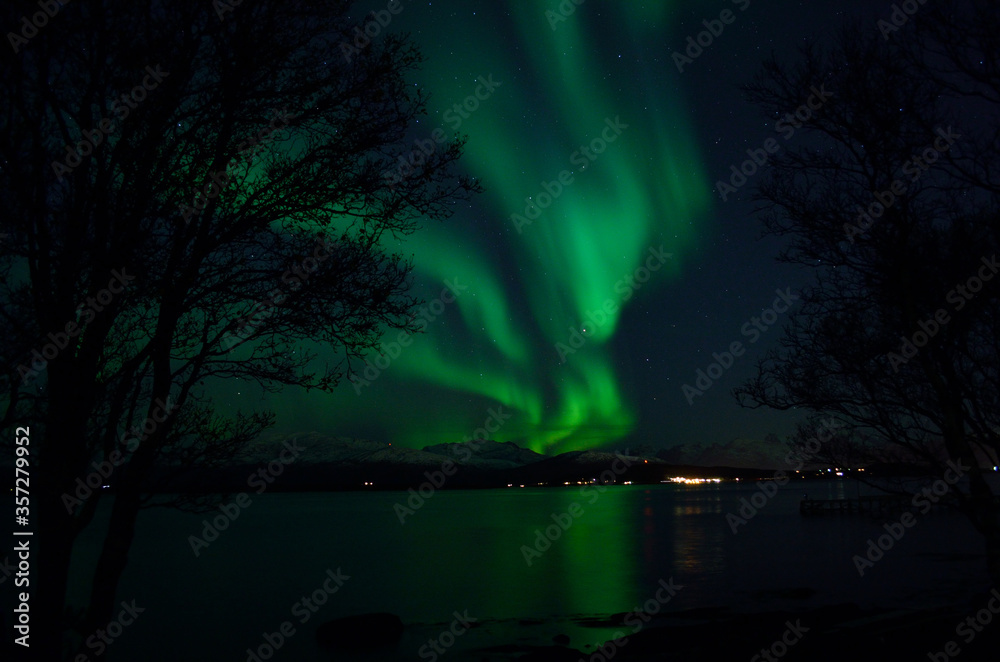 vibrant aurora borealis over fjord and mountain refleting in sea surface