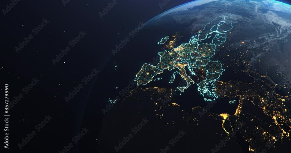 Planet Earth from Space European Union Countries highlighted teal glow, 2020 political borders and counties, city lights, animation 3d illustration, elements of this image courtesy of NASA