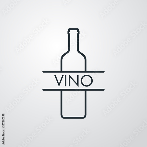 Logotipo lineal palabra VINO con botella de vino en fondo gris
