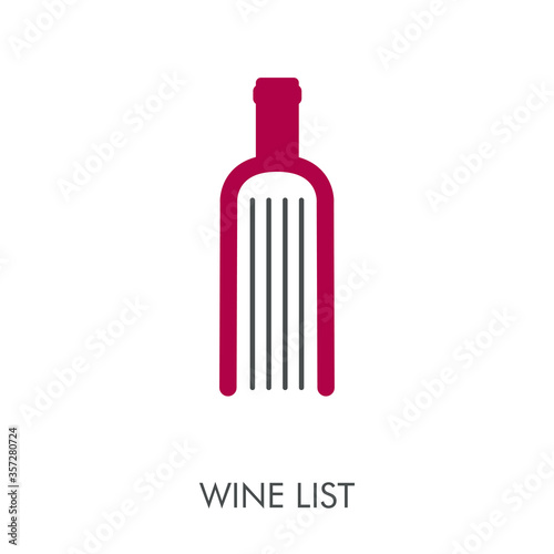 Logotipo lineal palabra WINE LIST en botella de vino como libro en granate y gris