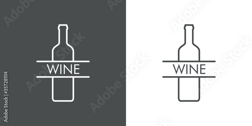Logotipo lineal palabra WINE con botella de vino en fondo gris y fondo blanco