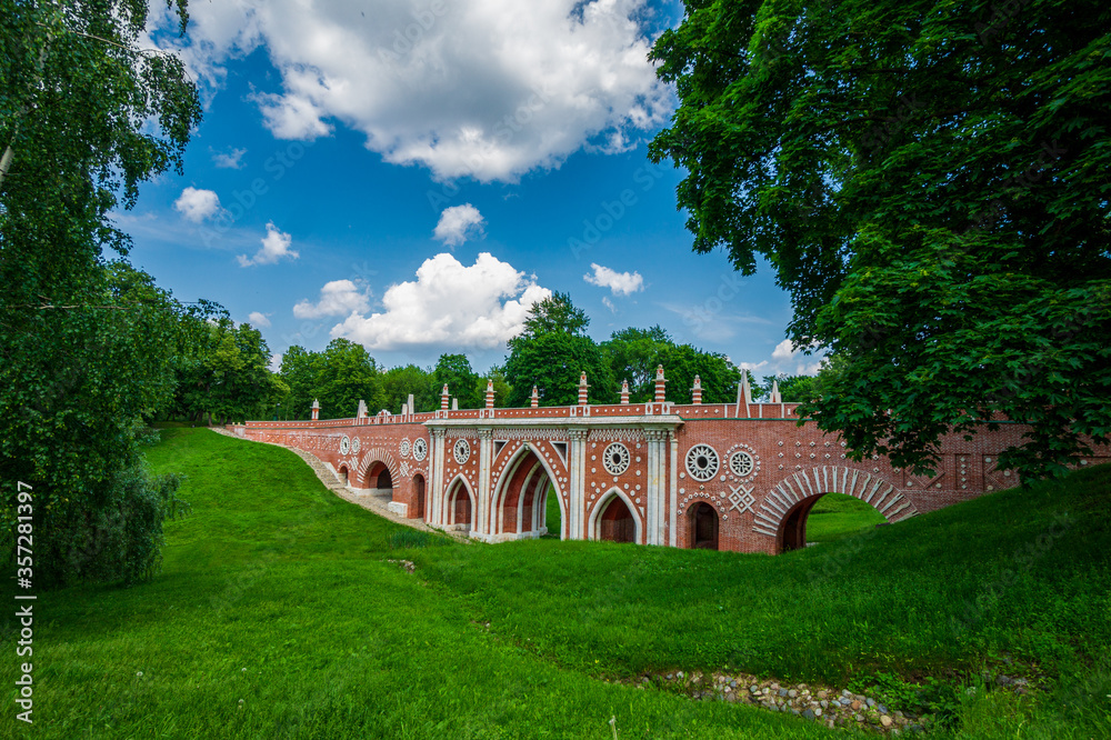 The Big Bridge over the ravine at Tsaritsyno Estate of Queen Catherine the Great in Moscow, Russia. Tsaritsyno is a palace museum and park reserve. Travel and architecture.