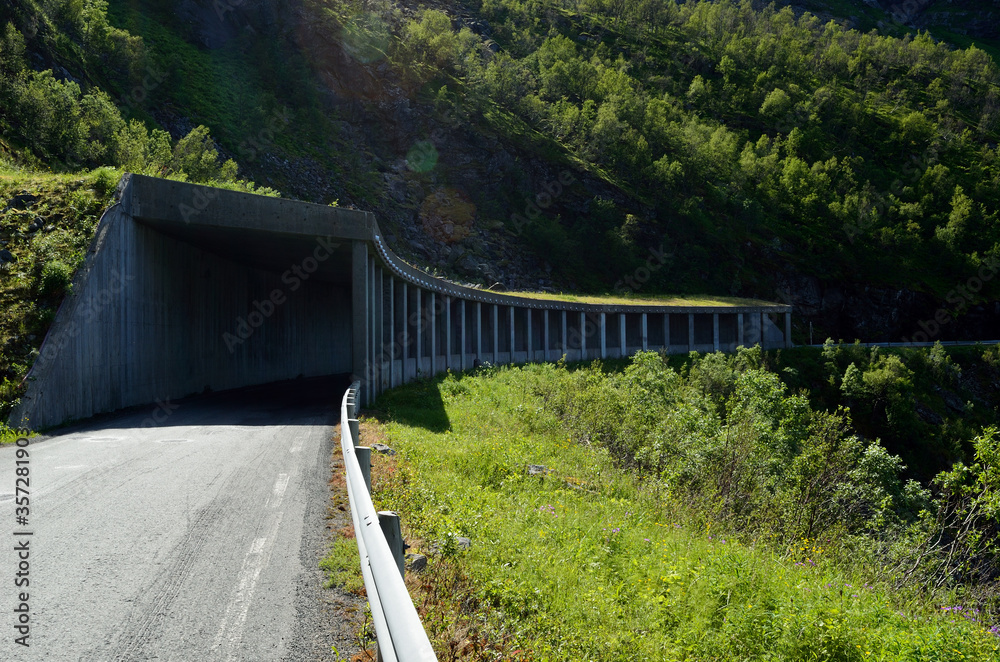 semi tunnel in mountain side on senja island for falling rock protection