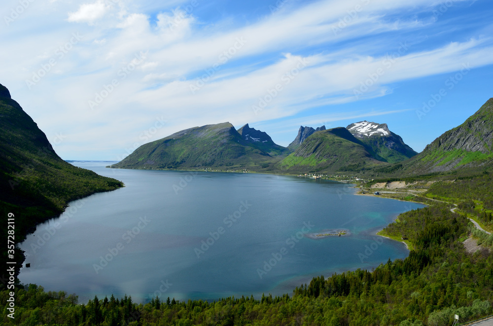majestic fjord and mountain landscape panorama photo senja island summer