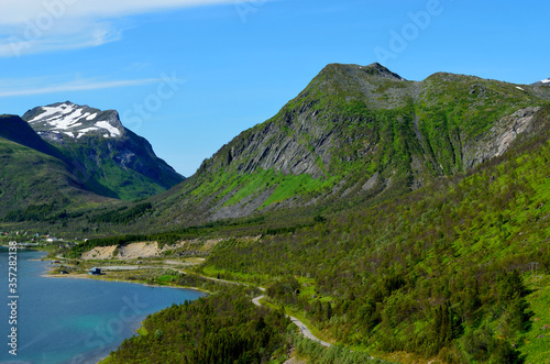 Fototapeta Naklejka Na Ścianę i Meble -  majestic fjord and mountain landscape panorama photo senja island summer
