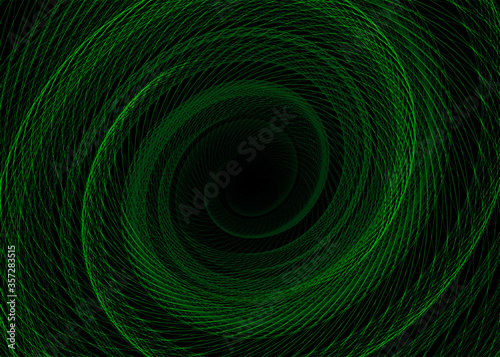 swirling and twirling wireframe green flower isolated on black background, twirl flower and swirl flower circle concept 