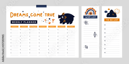 Weekly planner with cute dinosaur and rainbow and hand drawn elements. Wish list, to do list. Set of stationery digital prints. Dreams come true. Follow your dreams. Flat lay, organizer mock up