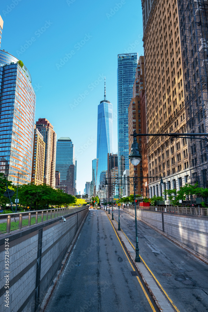 View of the freedom tower from the entrance to the Brooklyn–Battery Tunnel in Lower Manhattan.  
