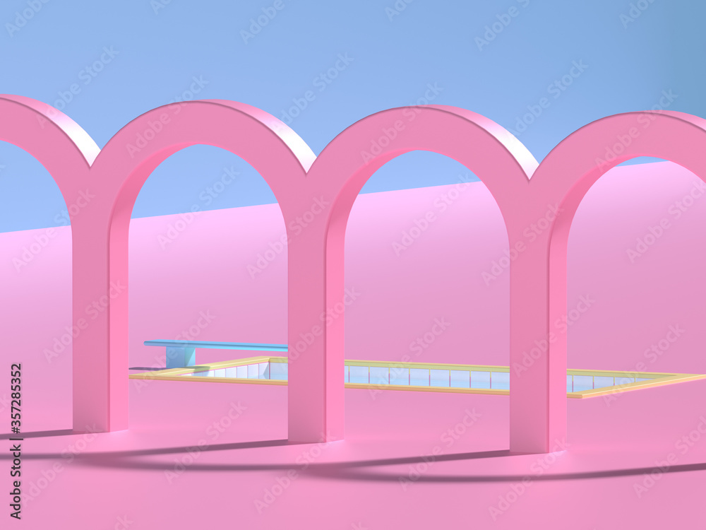 3D rendering. Swimming pool with water and arches in pink monochrome style with blue sky in isometric minimal trend. Retrowave concept of 80s and 90s 3D rendering. Swimming pool with water and arches in pink monochrome style with blue sky in isometric minimal trend. Retrowave concept of 80s and 90s