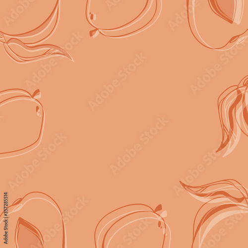 Apricot fruit square postcard frame on a orange background. Digital doodle outline art. Print for fabric, kitchen, menu, textile, wrapping paper, packaging, wallpaper, poster, social media.