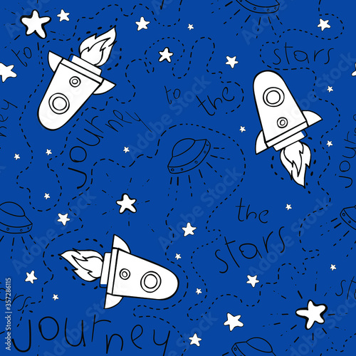 Seamless pattern. Black and white vector illustration. Dark blue background. Hand-drawn rocket, flying saucer, UFO, stars, endless dotted line.