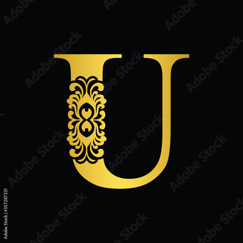 Gold letter U. Vintage golden flower ornament initial letters. Alphabet. Logo vector 