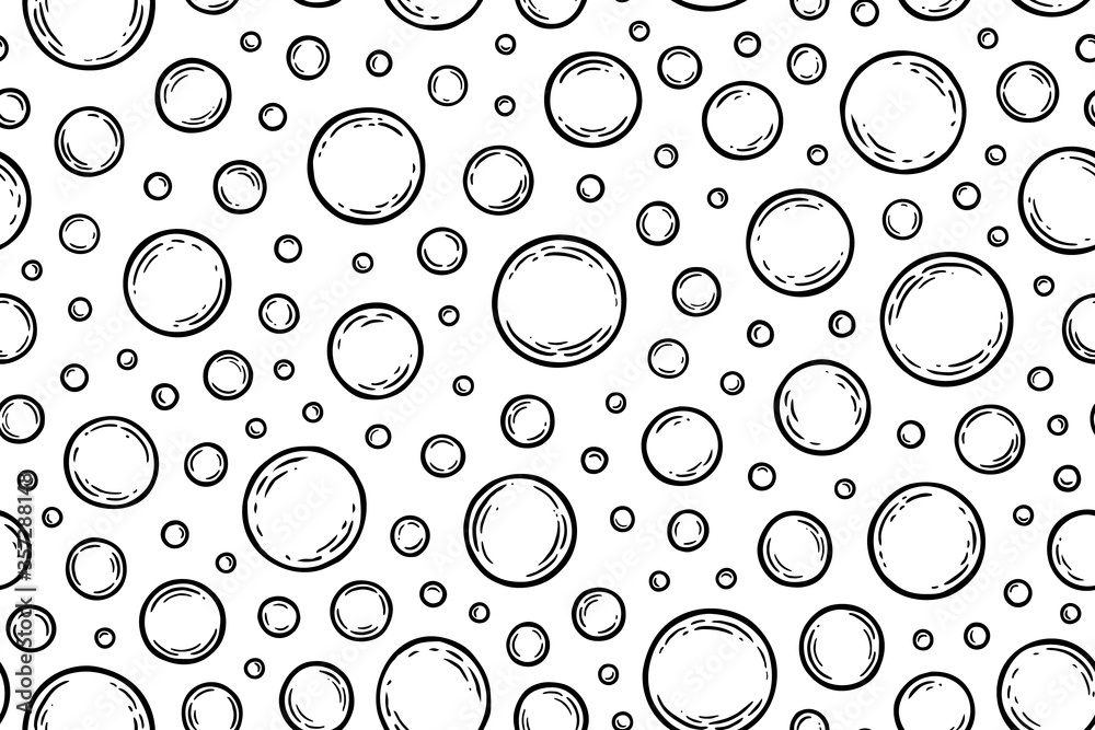 Soap bubbles. Seamless pattern. Cleaning concept. Water background. Hand drawn texture. Design wallpapers for prints bodycare, shampoo, toiletries, cleanliness, freshness, hygiene, bathroom. Vector