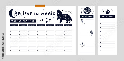 Weekly magic planner with wolf, moon, plants and hand drawn elements. Wish list, to do list. Set of stationery digital prints. Dreams come true. Believe in magic. Flat lay, organizer mock up