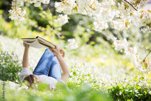 Bilde på lerret Woman reading book in grass under tree with white blossoms