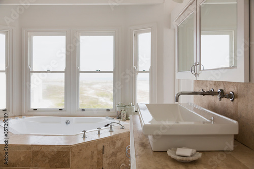 Sink and Jacuzzi tub in luxury master bathroom