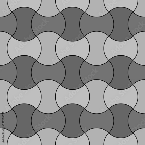 Apple core quilts texture. Patchwork motif. Seamless surface pattern design with ethnic ornament. Grey interlocking axehead figures on black background. Digital paper with hammerhead shapes. Vector.