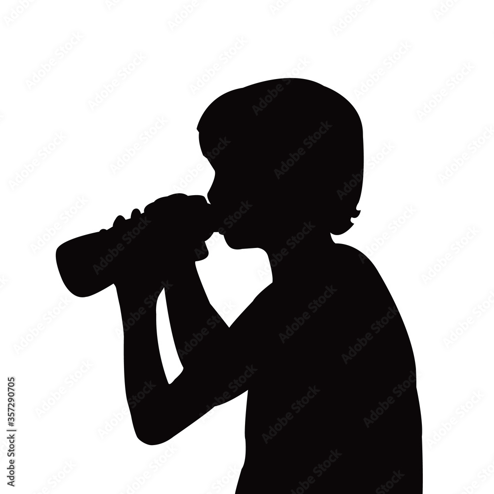 a boy drinking water, silhouette vector