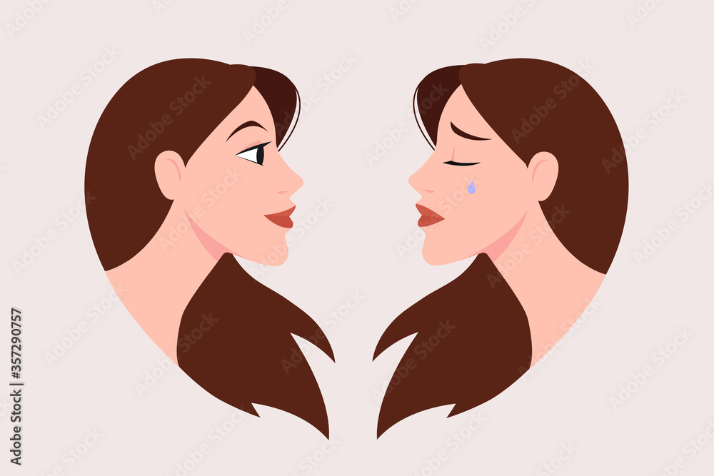 Vector flat isolated illustration
two cute faces. woman with different emotion or bipolar disorder in good mood and depression. Couple female twins or reflection Vector flat isolated illustration
two cute faces. woman with different emotion or bipolar disorder in good mood and depression. Couple female twins or reflection