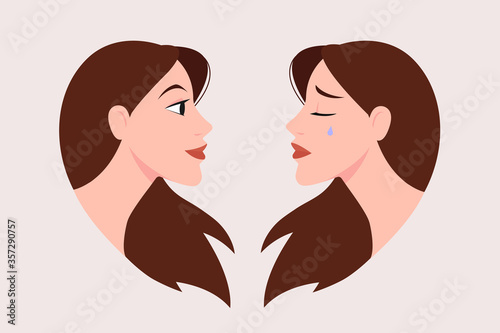 Vector flat isolated illustration 
two cute faces. woman with different emotion or bipolar disorder in good mood and depression. Couple female twins or reflection