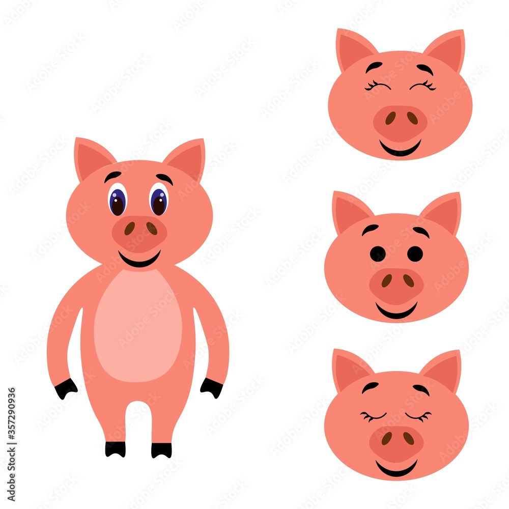 Cute pig torso with extra heads isolated on white background. Animal emotions. Lovely pets. Stock vector illustration for books and magazines, clothes, fabrics, postcards, internet.