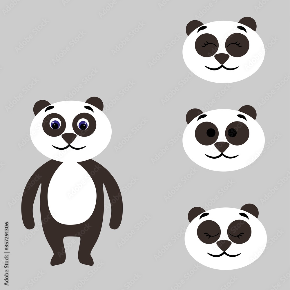 Cute panda torso with extra heads isolated on white background. Animal emotions. Cute wild animals. Stock vector illustration for books and magazines, clothes, fabrics, postcards, internet.