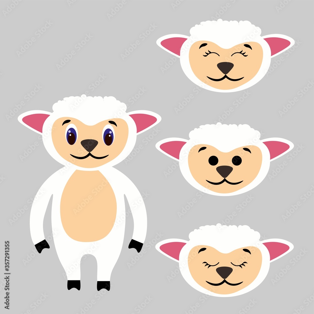 Cute torso of a sheep with extra heads isolated on white background. Animal emotions. Lovely pets. Stock vector illustration for books and magazines, clothes, fabrics, postcards, internet.