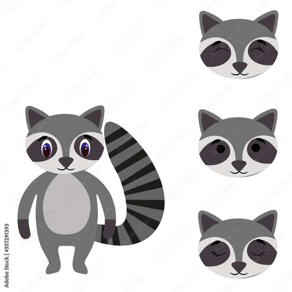 Cute torso of a raccoon with extra heads isolated on white background. Animal emotions. Cute wild animals. Stock vector illustration for books and magazines, clothes, fabrics, postcards, internet. Cute torso of a raccoon with extra heads isolated on white background. Animal emotions. Cute wild animals. Stock vector illustration for books and magazines, clothes, fabrics, postcards, internet.