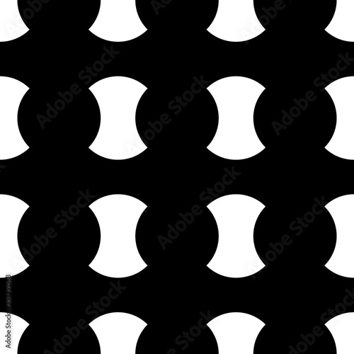 White blocks on black background. Seamless surface pattern design with symmetrical ornament. Apple core shape figures. Image with hammerhead, axehead and bow shapes. Grid motif. Digital paper. Vector.