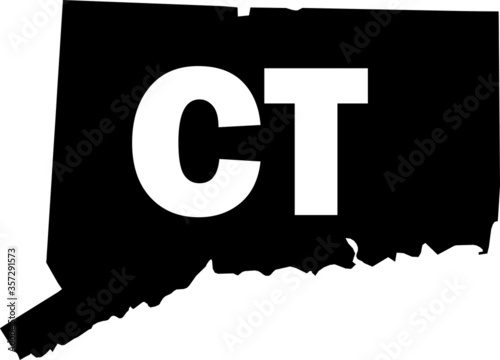 Black and White Silhouette Map of the US Federal State of Connecticut with it's Postal Code Abbreviation