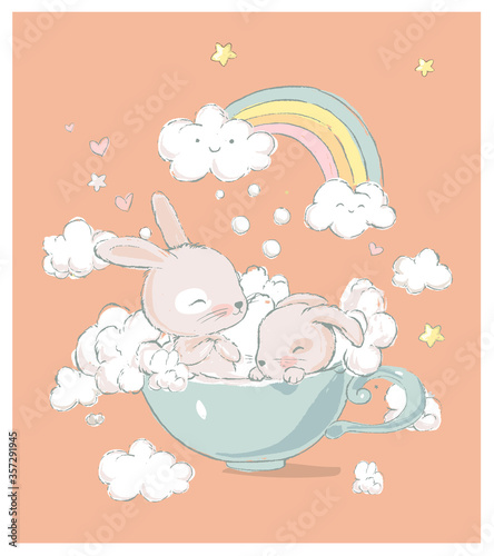 Cute little bunnies take baths in a cup. Funny rainbow, foam and clouds on the background. Can be used for baby t-shirt print, fashion print design, kids wear, baby shower celebration, greeting 