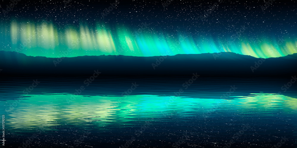 Aurora borealis in green neon light. Reflection of water rays.