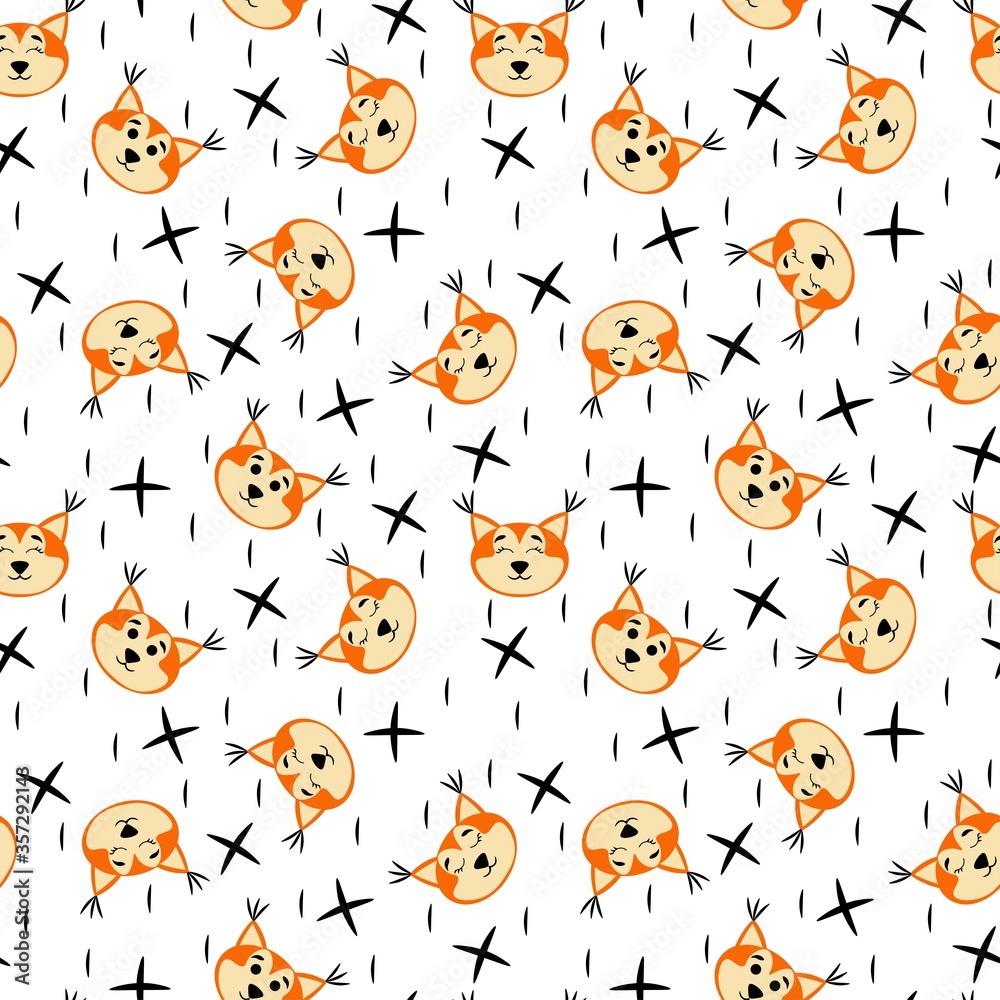 
Seamless pattern with cute squirrel heads and black stars on a white background. Wild forest animals. Stock vector illustration for fabrics, bedding and baby linen, wrapping paper, wallpaper