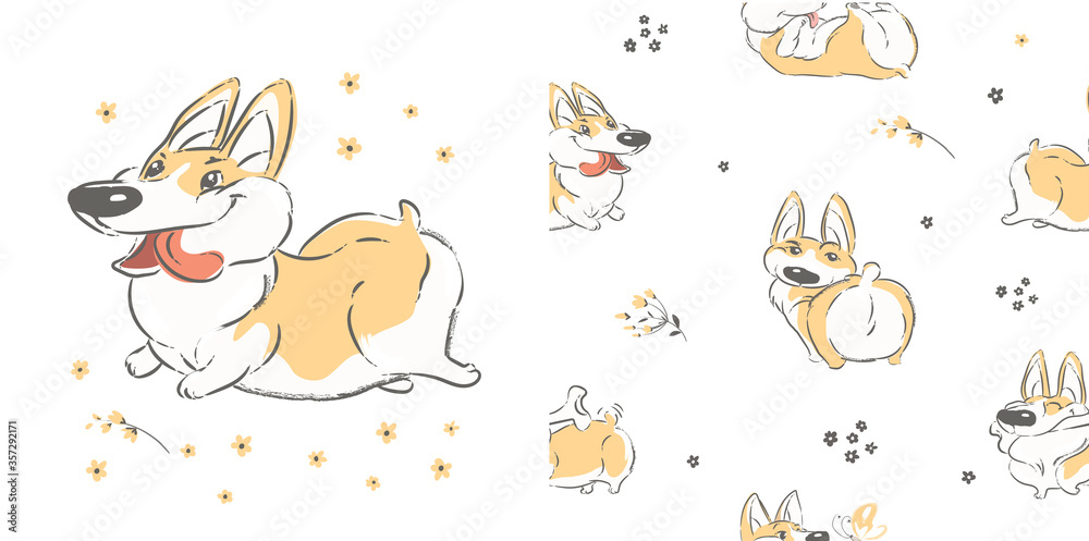Fototapeta premium Funny Corgi Dog seamless pattern on a white. Can be used for t-shirt print, kids wear fashion design, baby shower invitation card, packaging, wrapping paper, textile and etc