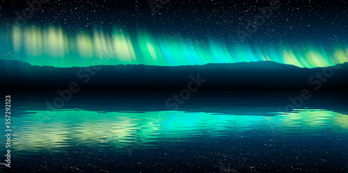 Aurora borealis in green neon light. Reflection of water rays.