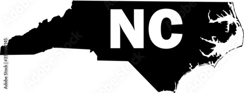 Black and White Silhouette Map of the US Federal State of North Carolina with it's Postal Code Abbreviation