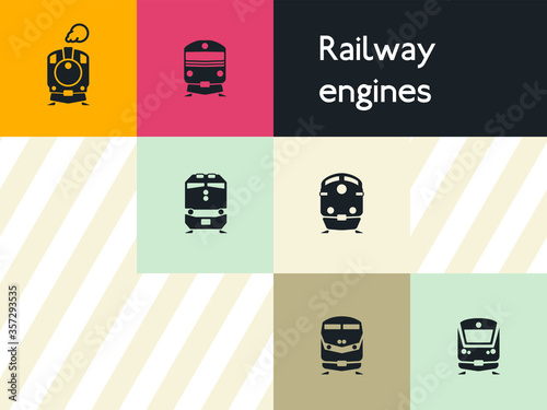 Public transport icon set: flat vector silhouettes of trains engines of different ages: steam, diesel, electric. Trains in front view.