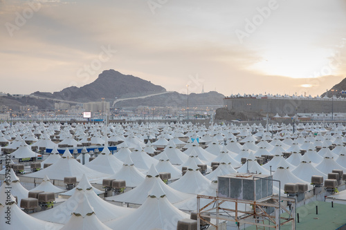 Makkah, Saudi Arabia : Landscape of Mina, City of Tents, the area for hajj pilgrims to camp during jamrah 'stoning of the devil' ritual photo