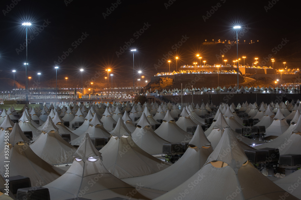 Mina in hajj, night time , Makkah, Saudi Arabia. Macca hajj time